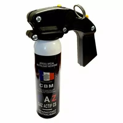 A�rosol de d�fense anti-agression Gaz CS 100ml poign�e police NF 70%