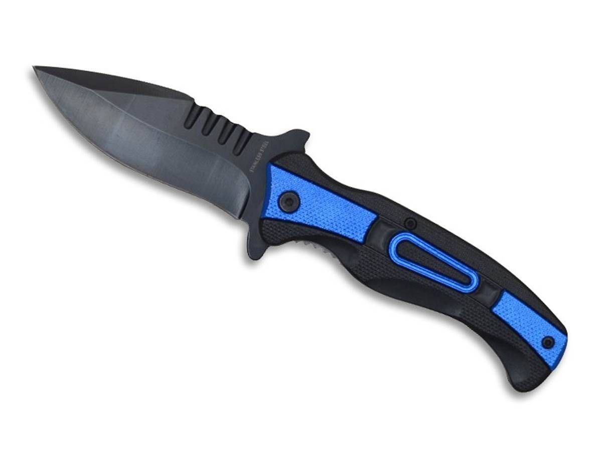Couteau de poche pliant Noir & Bleu à ouverture assistée avec clip ceinture