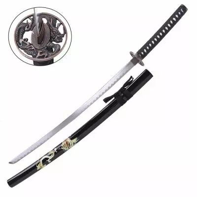 Katana ornemental Gold Dragon type Uchigatana noir lame acier et Tsuba dragon