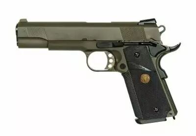 WE 1911 MEU Vert OD Gaz Blowback Full Metal avec rail et grip caoutchouc
